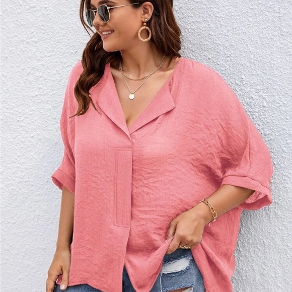 Plus Solid Batwing Sleeve Blouse. Salmon pink color. - Picture 3 of 10